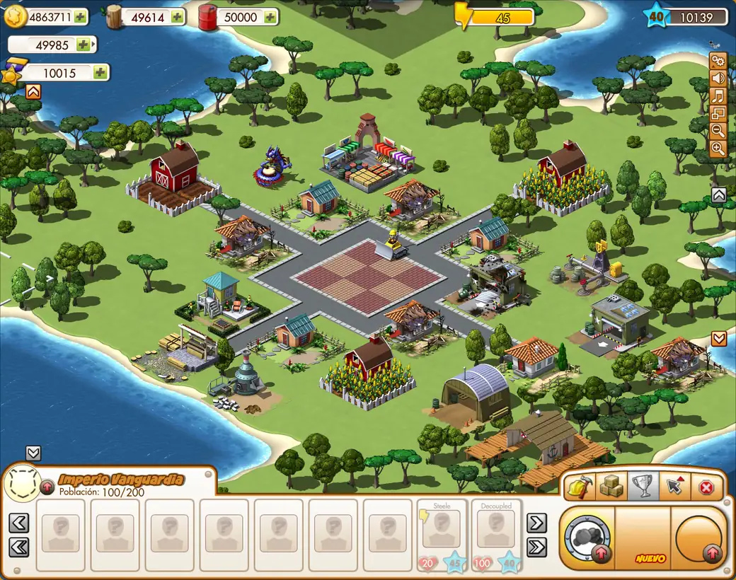 Captura del juego: una isla con caminos, casas y edificios militares, los recursos arriba y el menú de construcción abajo