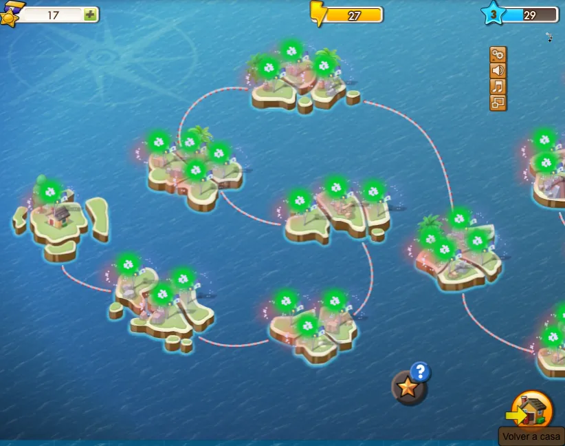 Mapa de la campaña con varias islas unidas por rutas y el botón Volver a casa